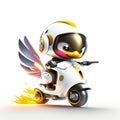 Concept cute duck chibi riding a futuristic fast speed scooter on white background