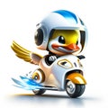 Concept cute duck chibi riding a futuristic fast speed scooter on white background