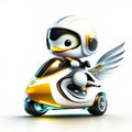 Concept cute duck chibi riding a futuristic fast speed scooter on white background