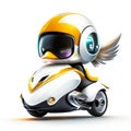 Concept cute duck chibi riding a futuristic fast speed scooter on white background