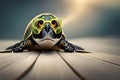 Cute Little Green Turtle With Glasses In Front Of Studio Background. Generative AI Royalty Free Stock Photo