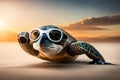 Cute Little Green Turtle With Glasses In Front Of Studio Background. Generative AI Royalty Free Stock Photo