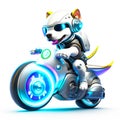 Concept cute pitbull riding a futuristic motocycle on white background