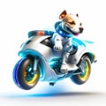 Concept cute pitbull riding a futuristic motocycle on white background