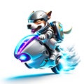 Concept cute pitbull riding a futuristic motocycle on white background