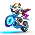 Concept cute pitbull riding a futuristic motocycle on white background