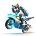 Concept cute pitbull riding a futuristic motocycle on white background