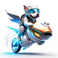 Concept cute pitbull riding a futuristic motocycle on white background