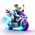 Concept cute pitbull riding a futuristic motocycle on white background