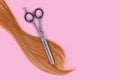 Concept for cutting hair with blond strand of hair and thinning shears, a pair of hair scissors with blades with teeth on the edge
