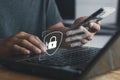 Concept of cyber security, information security and encryption. Man hand typing on a keyboard with login and password on-screen Royalty Free Stock Photo