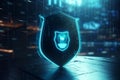 Cyber security concept with shield on abstract glowing background 3D rendering Ai generative Royalty Free Stock Photo