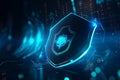 Cyber security concept with shield on abstract glowing background 3D rendering Ai generative Royalty Free Stock Photo