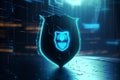 Cyber security concept with shield on abstract glowing background 3D rendering Ai generative Royalty Free Stock Photo