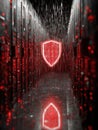 Concept of Cybersecurity With Glowing Shield Protecting Database Server From Hacker Code Attacks in a Dark Corridor Royalty Free Stock Photo