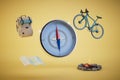 the concept of cycling. compass, bicycle, map, hiking backpack, bonfire on a yellow background. 3D render Royalty Free Stock Photo