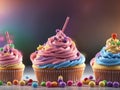 3d Render. Fantasy Colorful Candyland Background With Cupcake. Candies. Ice Cream. Clouds. Generative AI Royalty Free Stock Photo