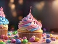 3d Render. Fantasy Colorful Candyland Background With Cupcake. Candies. Ice Cream. Clouds. Generative AI Royalty Free Stock Photo