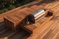 3D render of teak wooden deck with outdoor grill. Generative AI