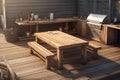 3D render of teak wooden deck with outdoor grill. Generative AI