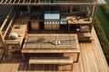 3D render of teak wooden deck with outdoor grill. Generative AI