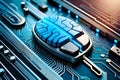 3D rendering of artificial intelligence hardware concept, glowing blue brain circuit on microchip on computer motherboard, big dat Royalty Free Stock Photo