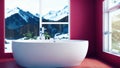 A 3d Rendering Displays A Minimalist Modern Bathroom With Concrete Flooring. A White Oval Bathtub And Basin. A Show. Generative AI Royalty Free Stock Photo