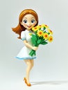 A 3D Toy Of A Happy Cartoon Woman Holding Flower Bouquet On A Bright White Background. Generative AI
