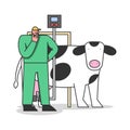 Concept Of Dairy Production. Man Milk Factory Worker In Uniform Controls Process Of Milking Cows