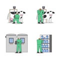 Concept Of Dairy Production. Operators In Uniform Use Professional Equipment For Milking Cows Royalty Free Stock Photo