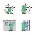 Concept Of Dairy Production. Operators In Uniform Use Professional Equipment For Milking Cows