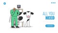 Concept Of Dairy Production. Website Landing Page. Man Milk Factory Worker In Uniform Controls Process Of Milking Cows