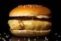 Concept: dark fast food photography.Hamburger with cheese and sesame seeds on a dark background