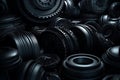 Dark industrial wallpaper, 3d render vehicle parts pattern, black transport background with car parts, gear wheels, pipes, heap of