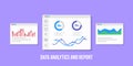 Data analytics, marketing report displaying on a dashboard. Flat design vector banner.