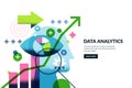 Concept of data analytics and innovation. Vector illustration of human head, eye, chart, arrow graph, magnifying glass Royalty Free Stock Photo