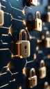 Concept of data encryption highlights glowing padlocks surrounded by interconnected binary code and hexagonal patterns Royalty Free Stock Photo