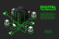 Concept of data network management .Vector isometric map with business networking servers computers and devices.Cloud storage data Royalty Free Stock Photo