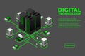 Concept of data network management .Vector isometric map with business networking servers computers and devices.Cloud storage data Royalty Free Stock Photo
