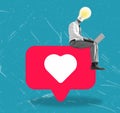 The concept of dating or love correspondence on the Internet. A man with a light bulb instead of a head