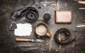 Concept of the day of his father, a cup of coffee, tie, belt, knife, leather wallet, place text on a postcard