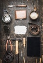 Concept of the day of his father, a variety of men's accessories tools, plate, belt, knife, shaving brush top view