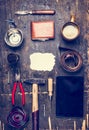 Concept of the day of his father, a variety of men's accessories and tools, plate, belt, knife, shaving brush top view