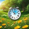 The concept of daylight saving The clock is moved forward one Floral landscape with alarm Flat