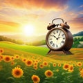 The concept of daylight saving The clock is moved forward one Floral landscape with alarm Flat