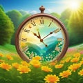 The concept of daylight saving The clock is moved forward one Floral landscape with alarm Flat