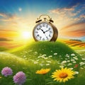 The concept of daylight saving The clock is moved forward one Floral landscape with alarm Flat