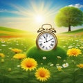 The concept of daylight saving The clock is moved forward one Floral landscape with alarm Flat