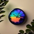 The concept of daylight saving time. The clock is moved forward one hour. Floral landscape with alarm clock. Flat . Gene