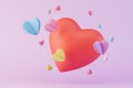 the concept of a declaration of love. a large red heart next to multi-colored hearts on a pastel background. 3D render